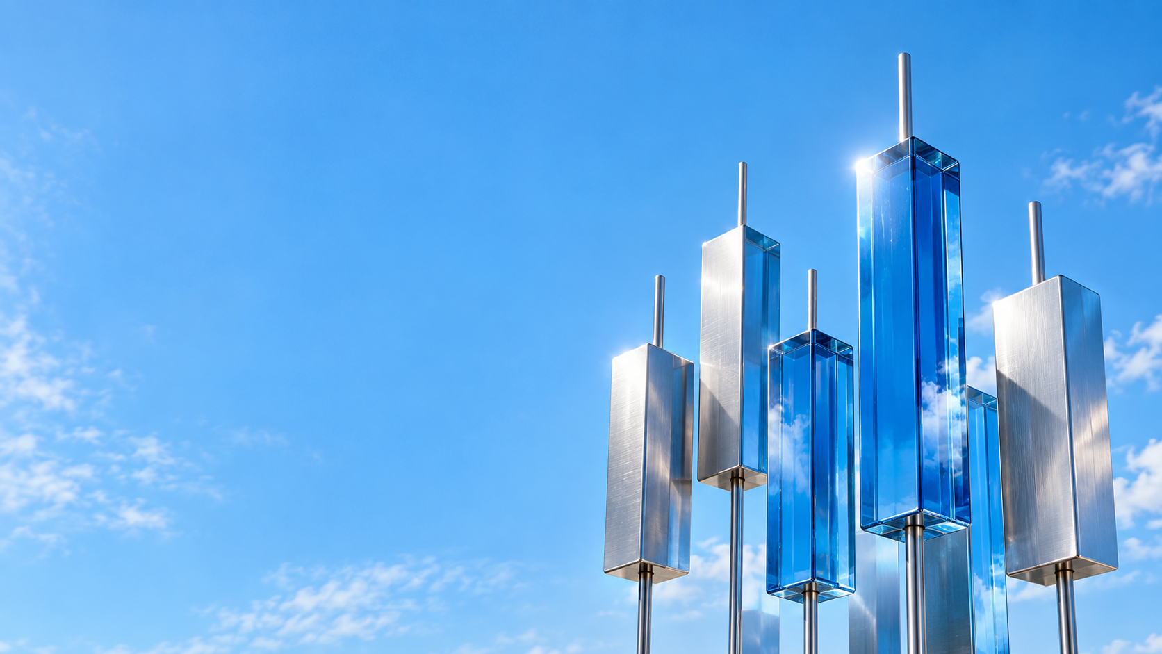 Blue glass and silver candlestick sculpture against an open sky
